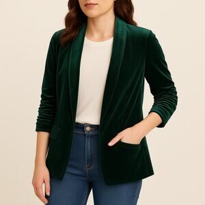 Skies Are Blue Green Velour Open Front Jacket XS Soft Luxe Ruched Sleeves